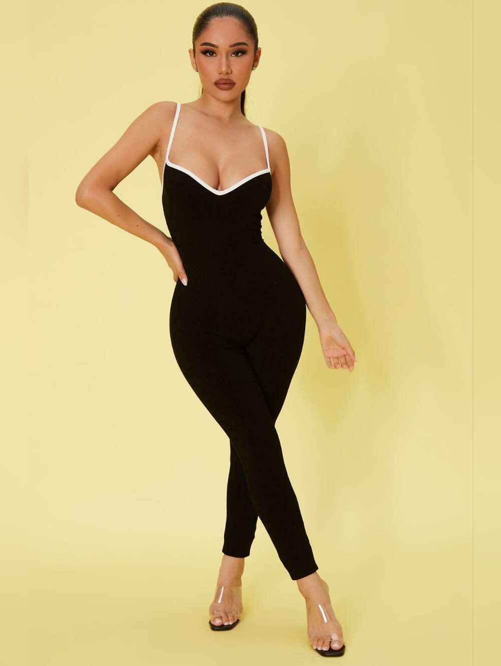 Fashion Nova Yassi Black And White Contrast Trim Ribbed Spaghetti Strap Jumpsuit